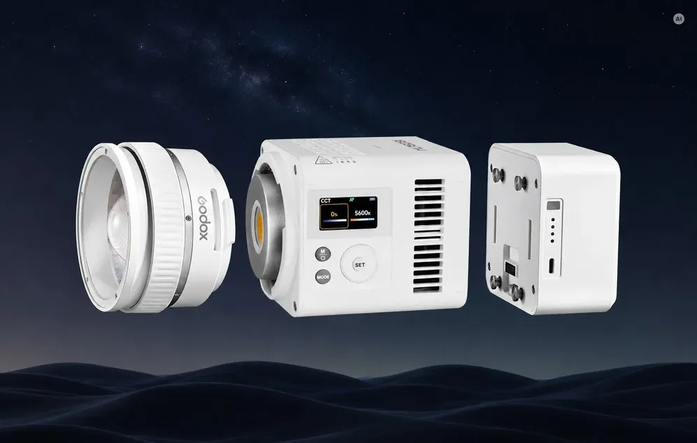 O imagine a designului modular al lămpii LED albe Godox, prevăzută cu un difuzor detașabil și o baterie cu indicator de încărcare.