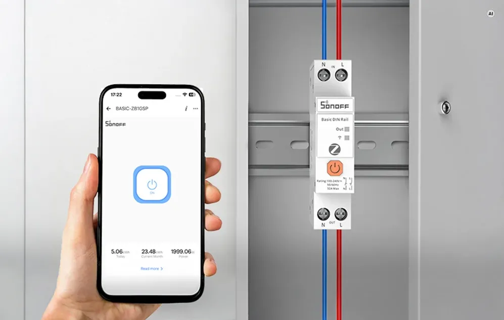O aplicație mobilă controlează reléul Sonoff instalat într-un tablou electric.