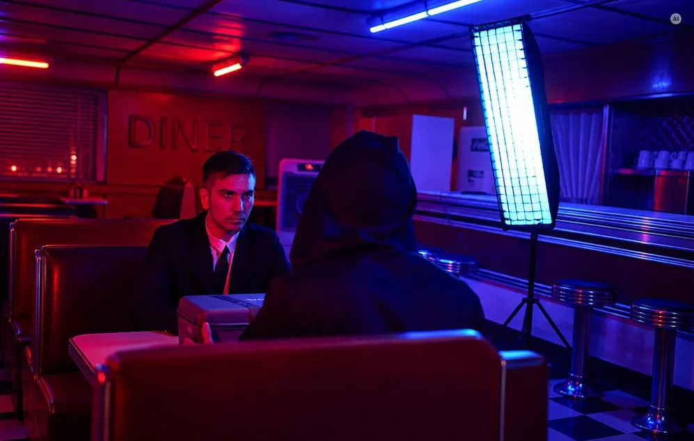 Un bărbat în costum care vorbește cu o persoană cu glugă într-un restaurant cu atmosferă deosebită, iluminat de un softbox cu panou LED albastru.