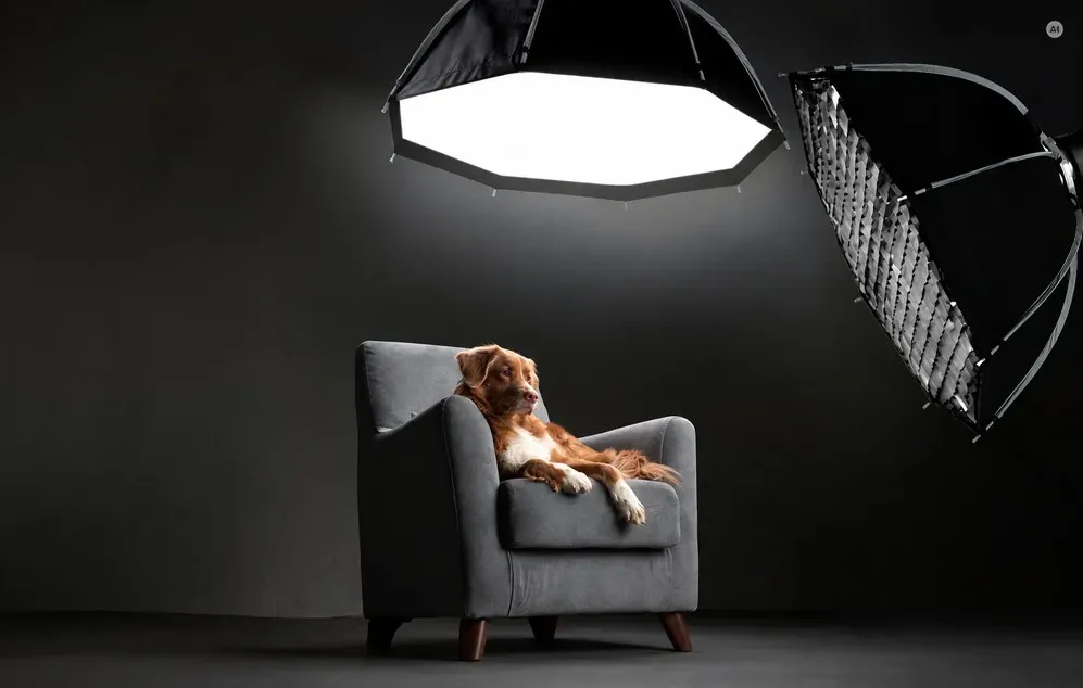 Un câine așezat pe un fotoliu gri într-un studio foto, sub o softbox instalată.