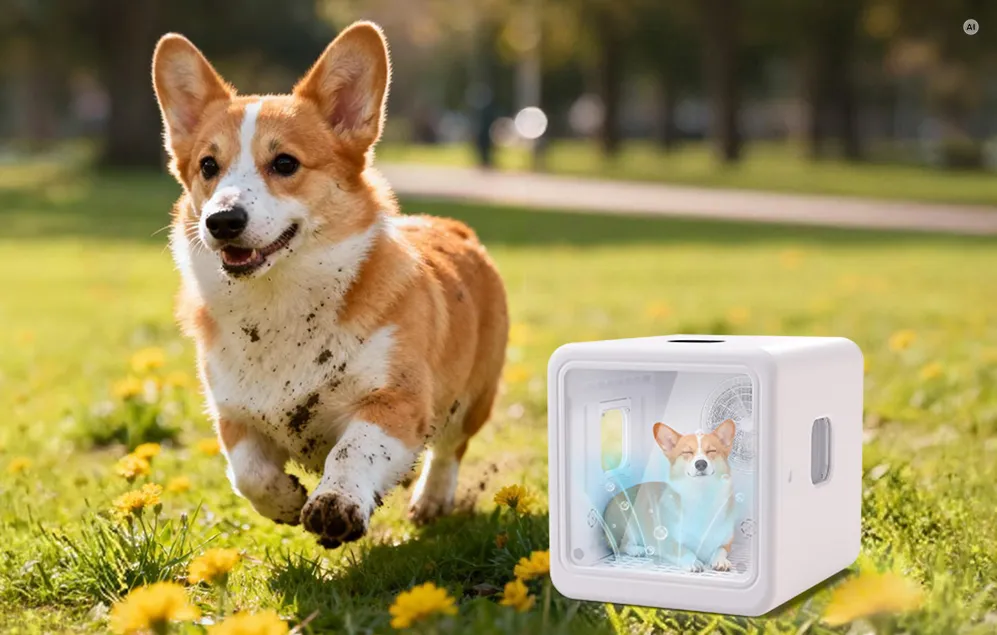 Un corgi murdar alergând pe iarbă și un uscător alb pentru animale de companie în care se usucă un câine curat.