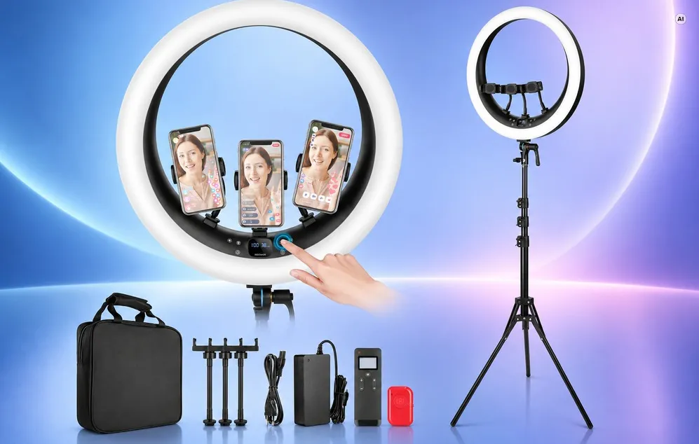 O lumină inelară pe un trepied, împreună cu accesorii, o geantă, o sursă de alimentare și o telecomandă, pe un fundal albastru.