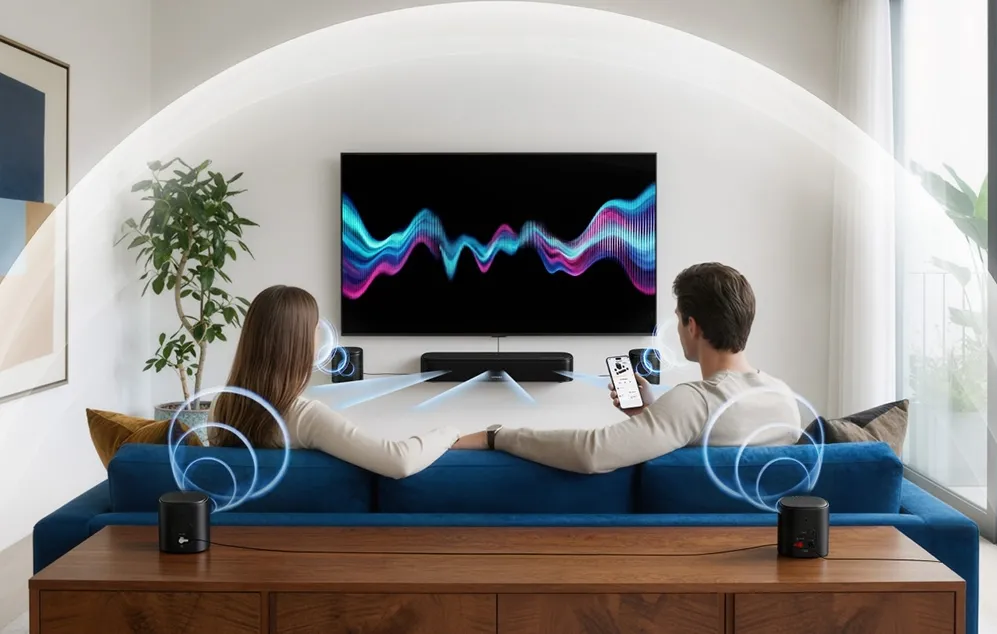 Un cuplu stând pe canapeaua din living în fața televizorului; bărbatul ține un smartphone