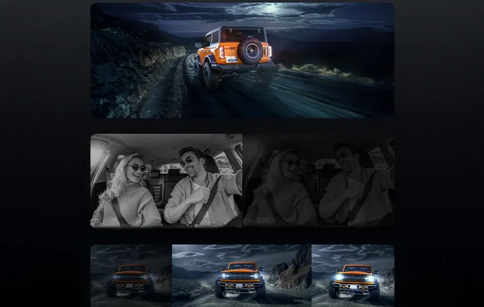 Un set de înregistrări de probă ale camerei de bord care arată conducerea pe timp de noapte și interiorul vehiculului în diverse condiții de iluminare