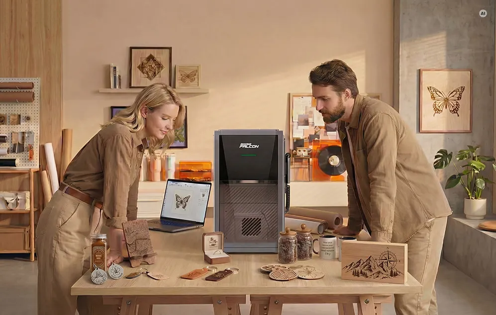 O femeie și un bărbat la o masă cu un aparat de gravat cu laser, un laptop și obiecte cu desene gravate.