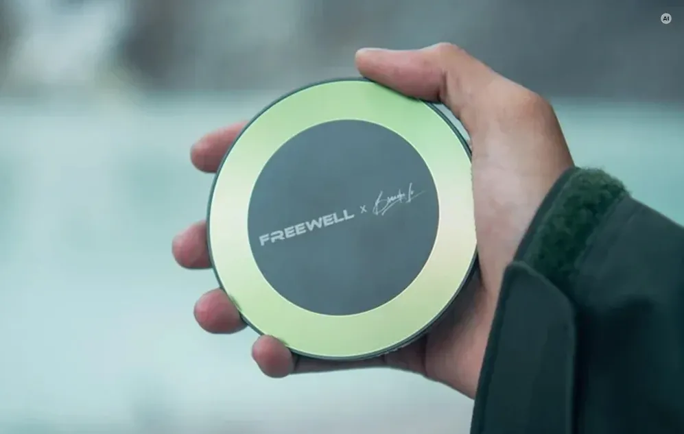 O mână ține un capac de protecție rotund, verzuie, pentru un filtru de fotografie, pe care se află logo-ul mărcii Freewell