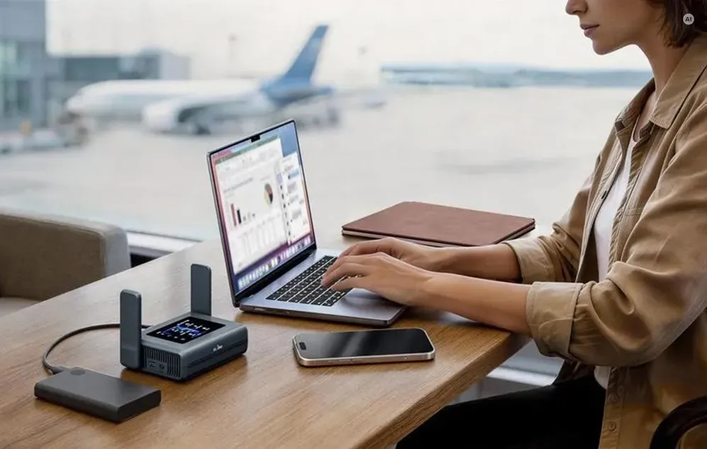 O femeie care lucrează la un laptop în aeroport, cu un router mobil GL.iNet conectat la o baterie externă.