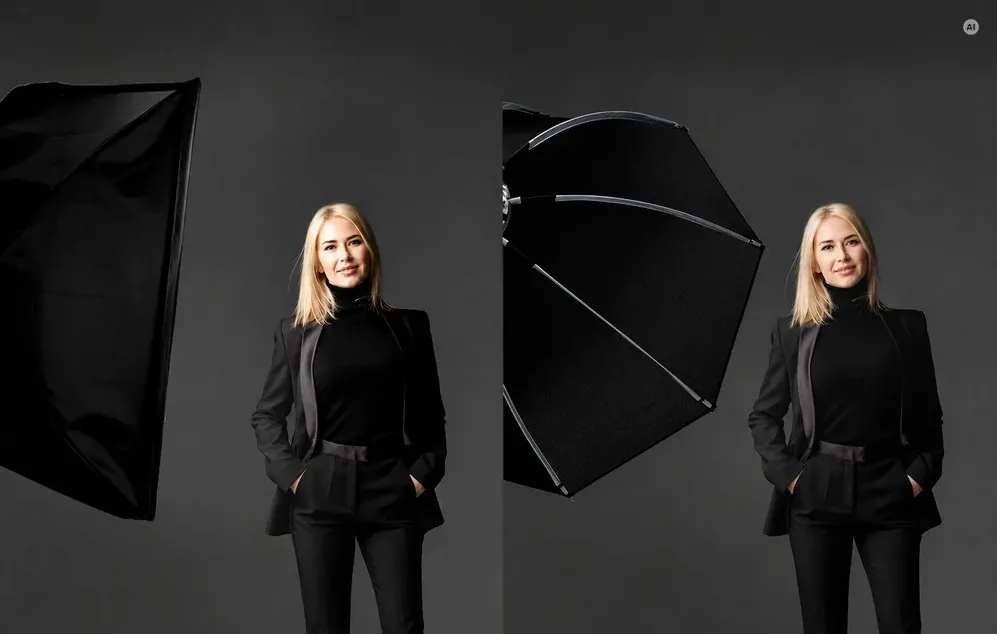 O femeie îmbrăcată în negru pozând lângă o softbox cu difuzoare de diferite forme.