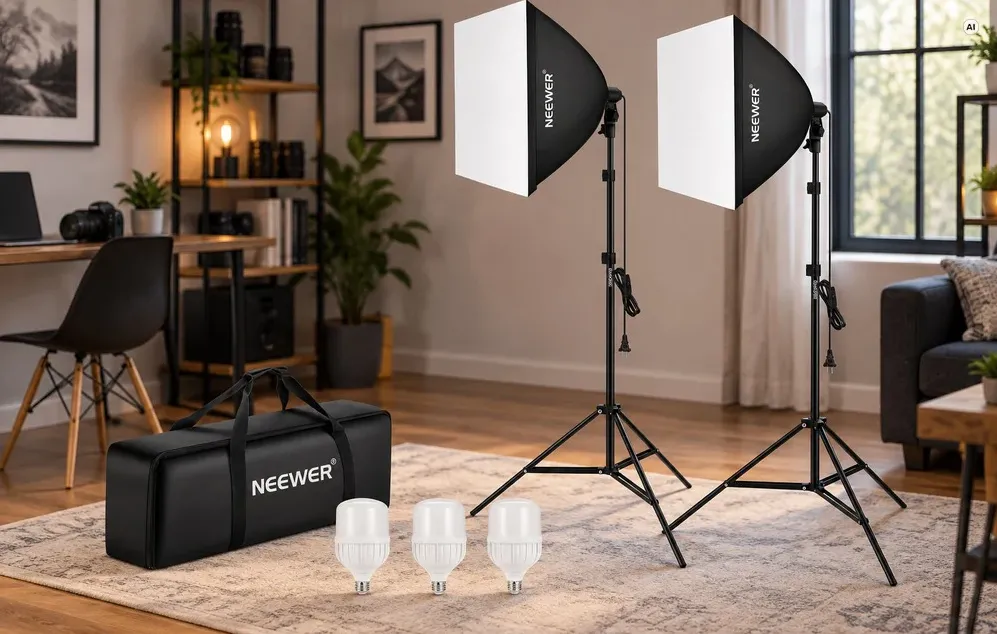 Un kit de iluminare fotografică cu trepiede, becuri și o geantă într-o cameră.