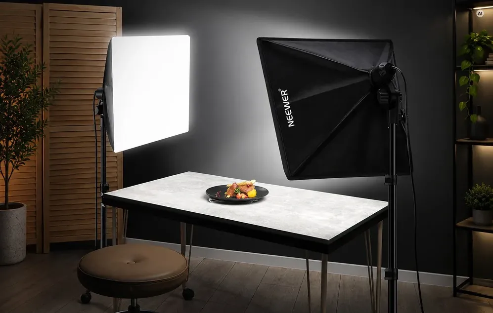 O masă pentru fotografii culinare, iluminată de două lămpi de studio.