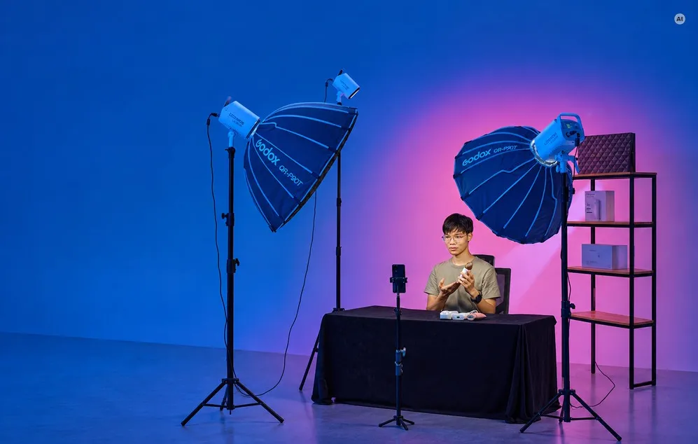 Un bărbat care înregistrează o recenzie de produs la o masă într-un studio de înregistrare profesional, iluminat de trei lămpi Godox cu softbox-uri.